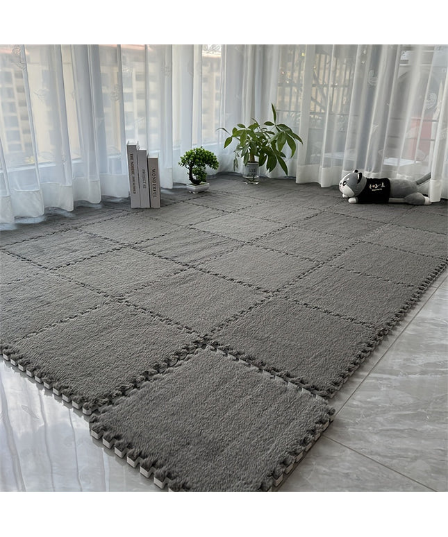 12pcs Set of Thick Bedroom Living Room Full Coverage Interlocking Carpet Tiles, Warm Room Bedside Rug, Washable Soft Non-Slip Mats, 11.8x11.8 Inch - Polyester & EVA Material, Machine-Made, Hand-Wash Only