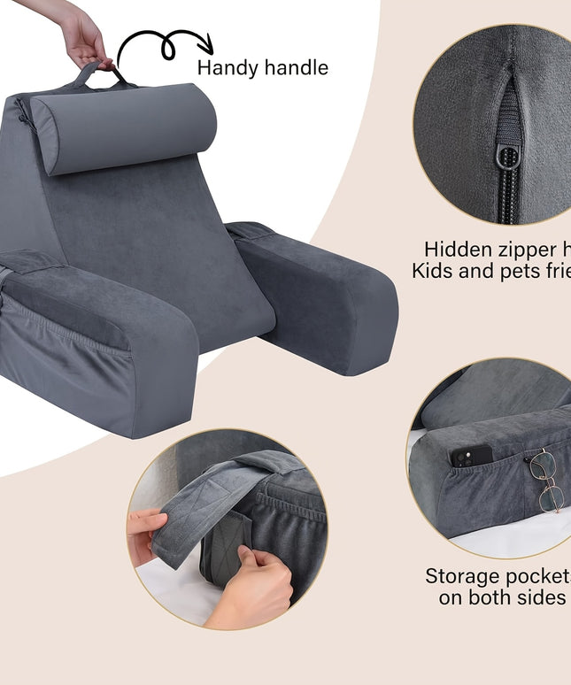 1pc Grey Reading Pillow, Soft Compressible Back Support with Arms, Machine Washable, Knitted Polyester Cover, Full Body Comfort for Bed, Chair, TV, Gaming - Adult Backrest Pillow