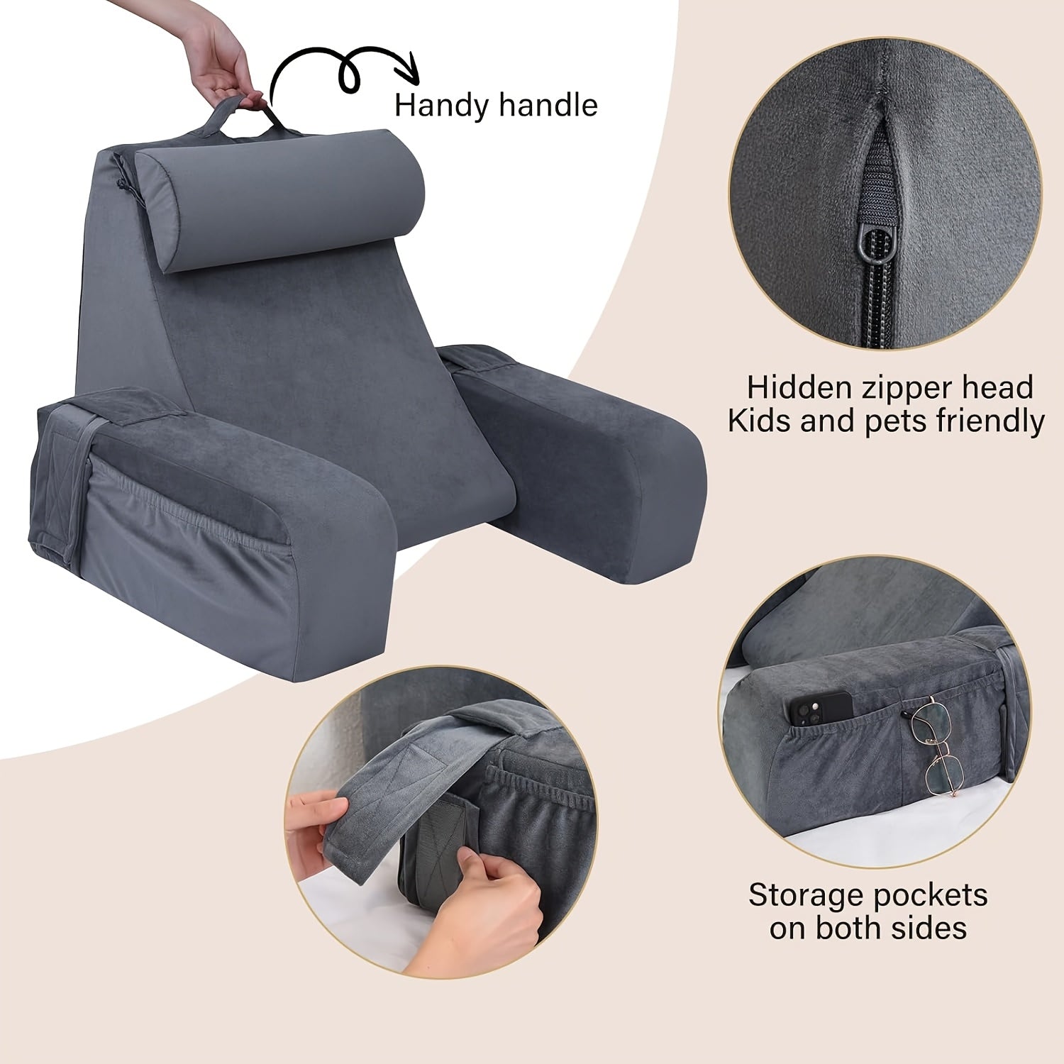 1pc Grey Reading Pillow, Soft Compressible Back Support with Arms, Machine Washable, Knitted Polyester Cover, Full Body Comfort for Bed, Chair, TV, Gaming - Adult Backrest Pillow