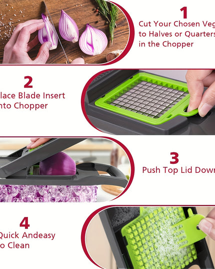13-in-1 Multifunctional Vegetable Chopper and Slicer with 8 Stainless Steel Blades, Detachable Plastic Body, Includes Storage Container - Ideal for Onions, Carrots, Garlic - Gray, valentines gifts for men