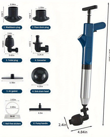 High Pressure Air Toilet Plunger Set, Stainless Steel Toilet Snake Toilet Unclogger, Air Drain Blaster Plunger for Kitchen Sink, Toilet, Bathroom, Clogged Pipe