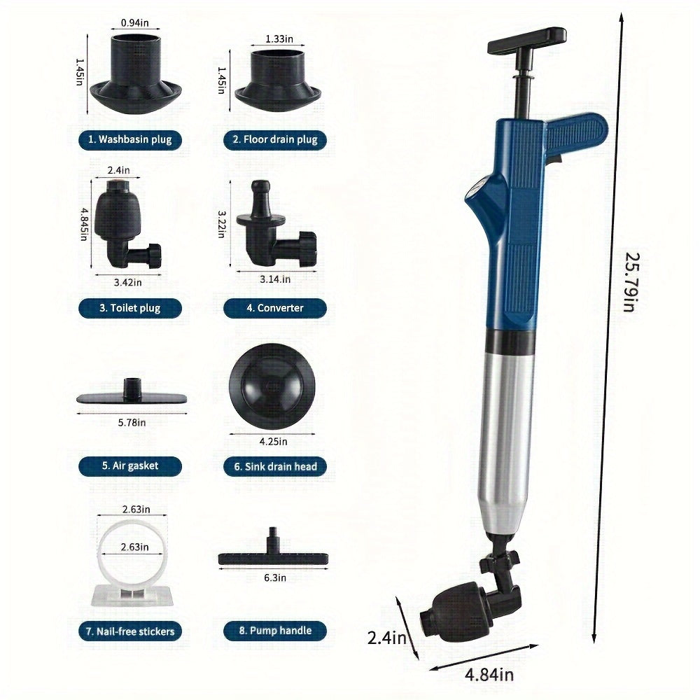 High Pressure Air Toilet Plunger Set, Stainless Steel Toilet Snake Toilet Unclogger, Air Drain Blaster Plunger for Kitchen Sink, Toilet, Bathroom, Clogged Pipe