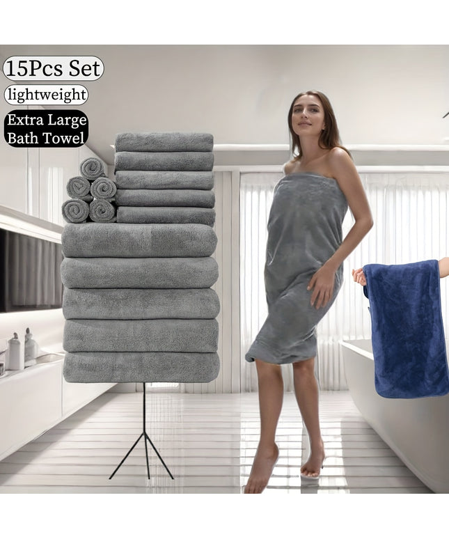 15pcs Ultra-Soft Microfiber Towel Set - Includes 300GSM Bath, Hand & Washcloths in Multiple Colors - Perfect for Home & Hotel Showers