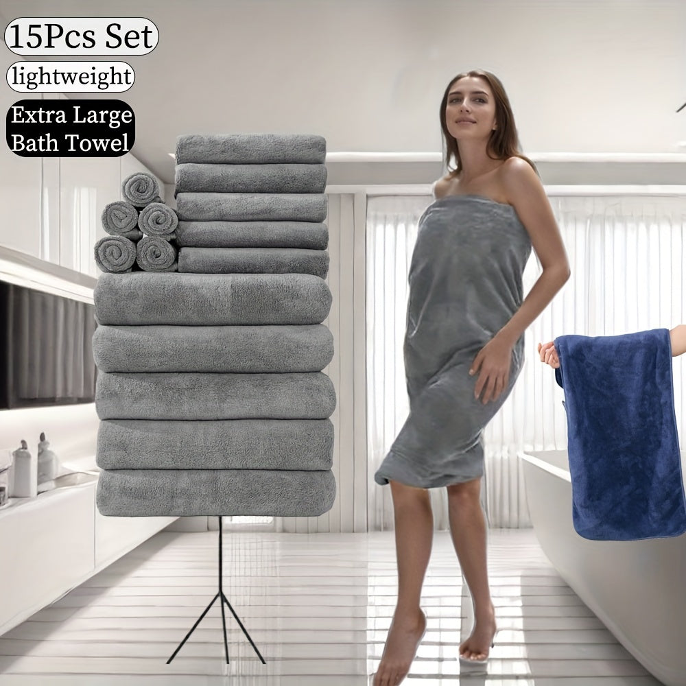 15pcs Ultra-Soft Microfiber Towel Set - Includes 300GSM Bath, Hand & Washcloths in Multiple Colors - Perfect for Home & Hotel Showers