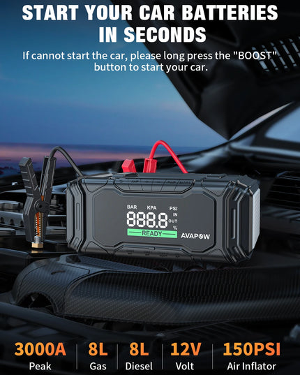 AVAPOW 3000A Car Battery Jump Starter with 150PSI Air Compressor, 12V Portable for 10L Gas/Diesel Engines