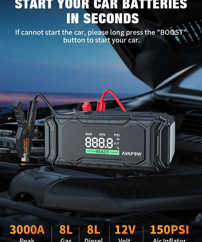 AVAPOW 3000A Car Battery Jump Starter with 150PSI Air Compressor, 12V Portable for 10L Gas/Diesel Engines