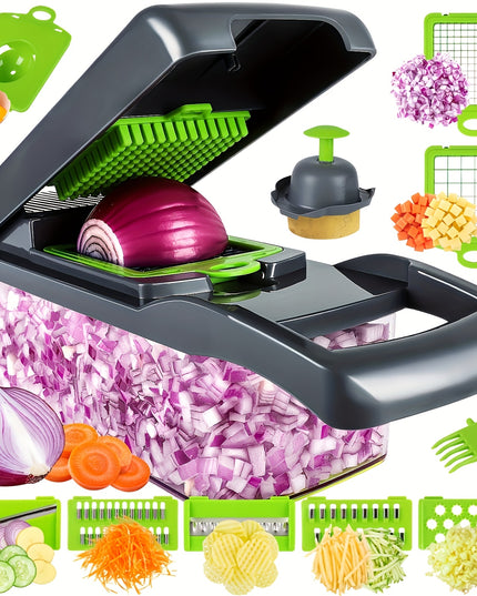 13-in-1 Multifunctional Vegetable Chopper and Slicer with 8 Stainless Steel Blades, Detachable Plastic Body, Includes Storage Container - Ideal for Onions, Carrots, Garlic - Gray, valentines gifts for men