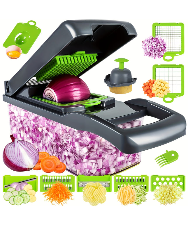 13-in-1 Multifunctional Vegetable Chopper and Slicer with 8 Stainless Steel Blades, Detachable Plastic Body, Includes Storage Container - Ideal for Onions, Carrots, Garlic - Gray, valentines gifts for men