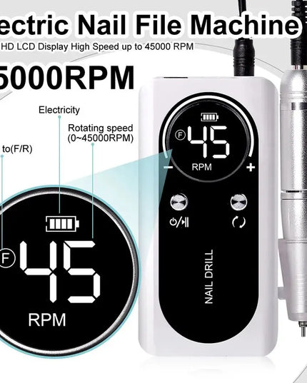 Professional 45000RPM Electric Portable Nail Drill Machine Rechargeable Low Noise Nail Sander File for Manicure Salon Tool