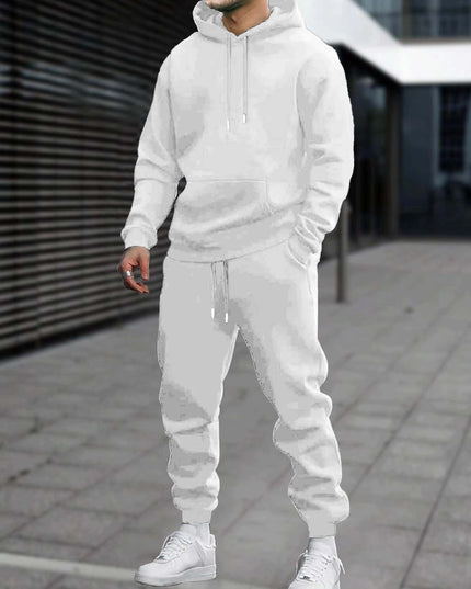 Men's 2pcs White Hoodie & Jogger Set - Casual Solid Color, Knit Polyester, with Pockets | Perfect for Fall/Winter Sports & Leisure