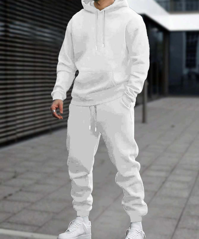 Men's 2pcs White Hoodie & Jogger Set - Casual Solid Color, Knit Polyester, with Pockets | Perfect for Fall/Winter Sports & Leisure