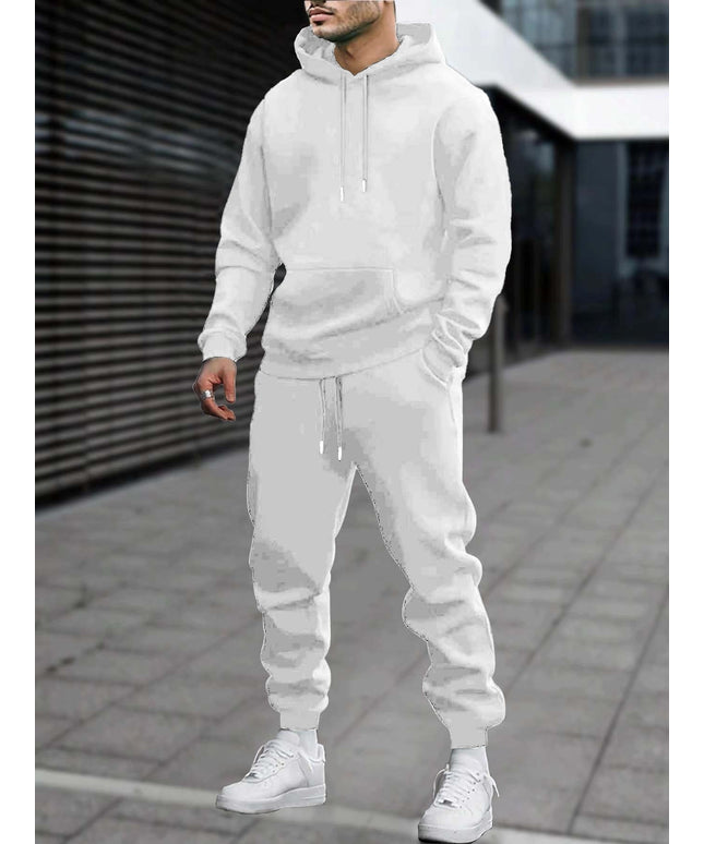 Men's 2pcs White Hoodie & Jogger Set - Casual Solid Color, Knit Polyester, with Pockets | Perfect for Fall/Winter Sports & Leisure