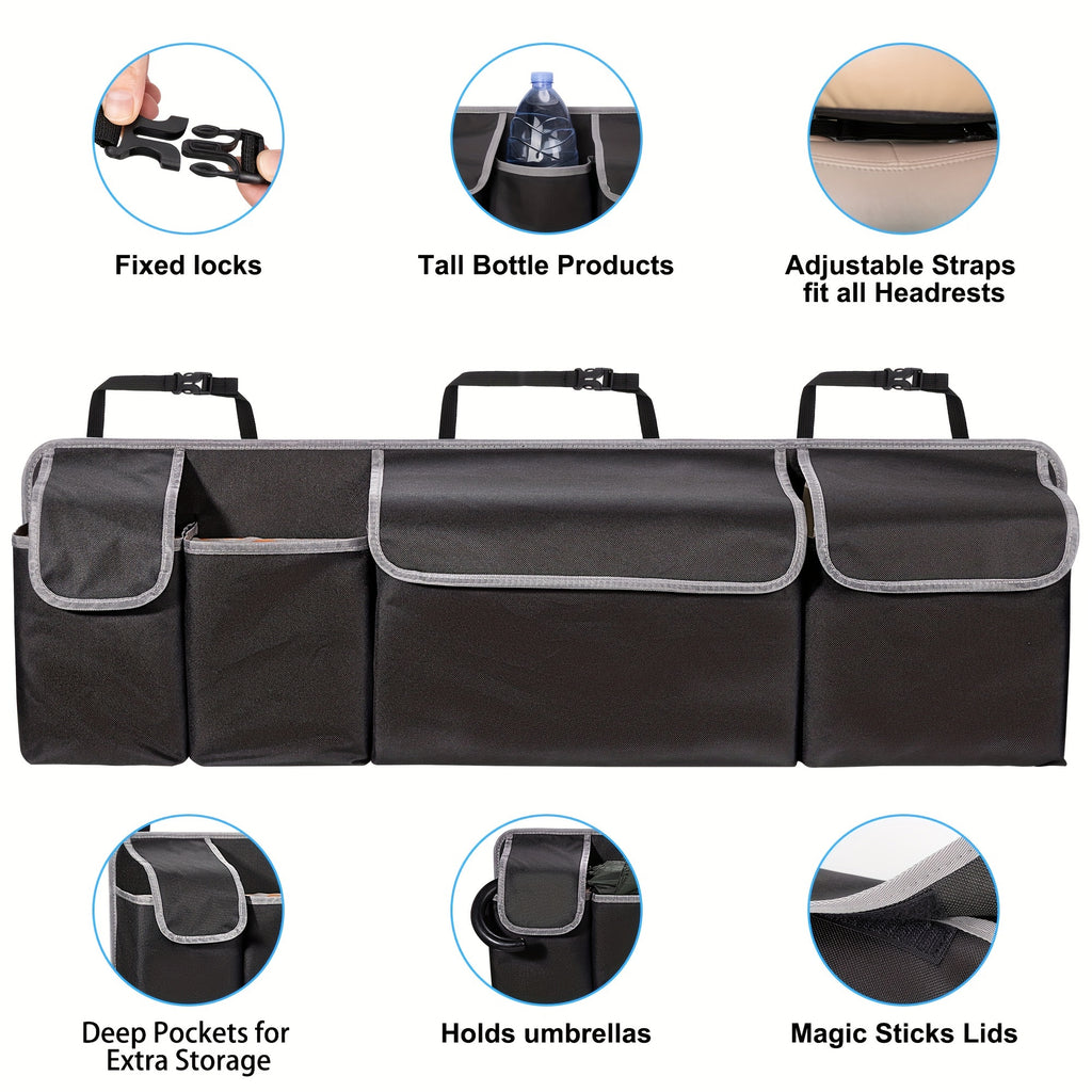 Universal Fit Car Seat Back Organizer, Large Capacity 600D Oxford Fabric with Multiple Pockets, Polyester Fiber Material, Vehicle Storage Solution
