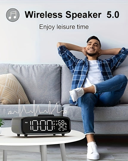 6-in-1 Alarm Clock With Wireless Charging, USB Charging Port, Night Light Wireless Speaker, 3-level Brightness Digital Clock Temperature, 12/24 Hours, Bedroom Snooze Alarm Clock