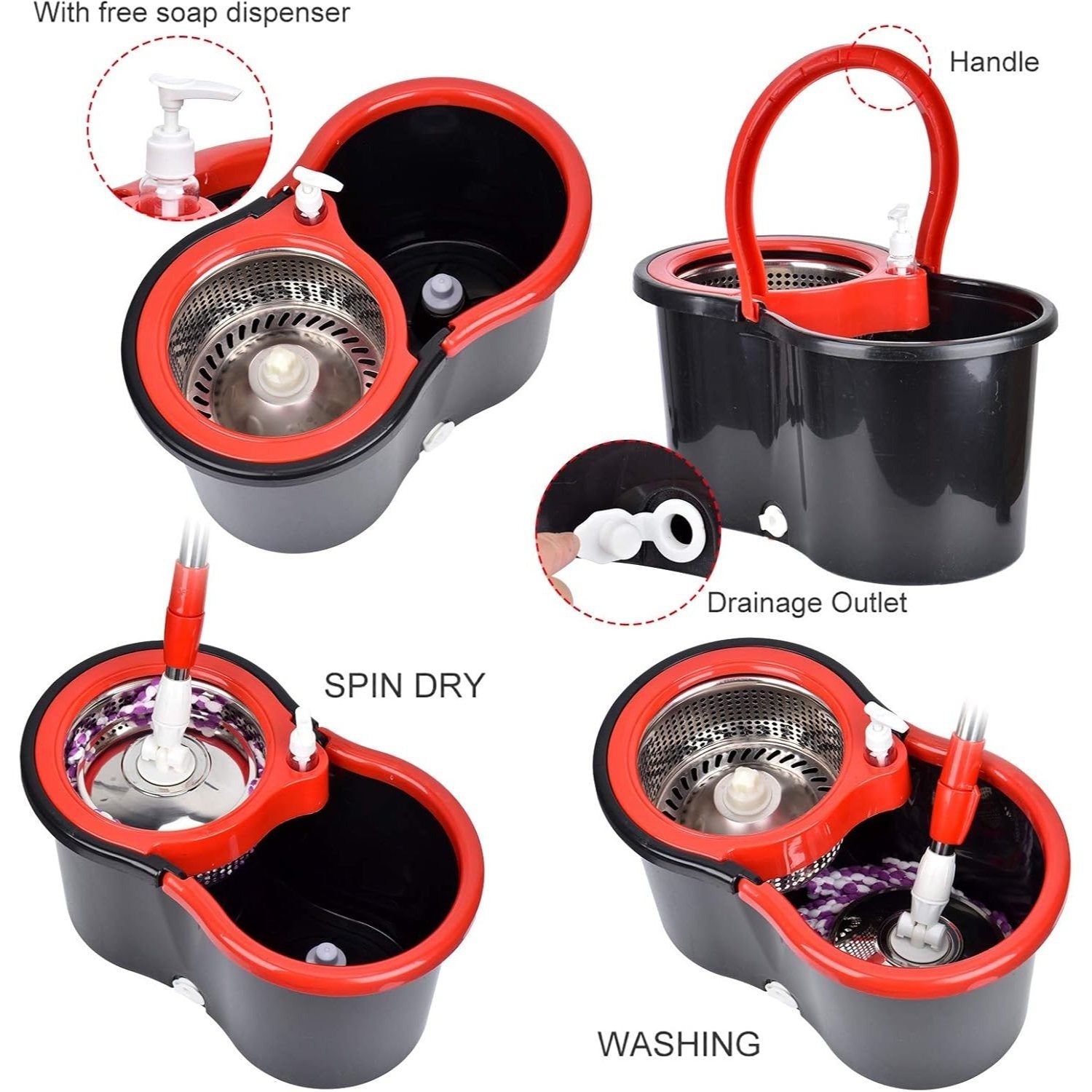 Mop and Bucket Set, 360° Spin Mop and Bucket with Wringer Set and 4 Microfiber Mop Refills, Stainless Steel, Extended Handle Spinning Mop Bucket System for Floor Cleaning