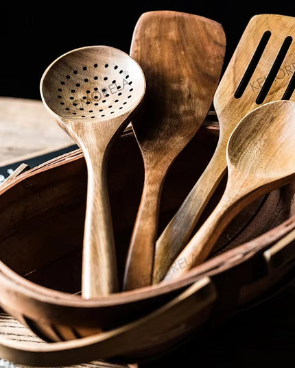 4/7/9PCS Wooden Spoons for Cooking Wooden Utensils for Cooking with Utensils Holder Teak Wooden Kitchen Utensils Set