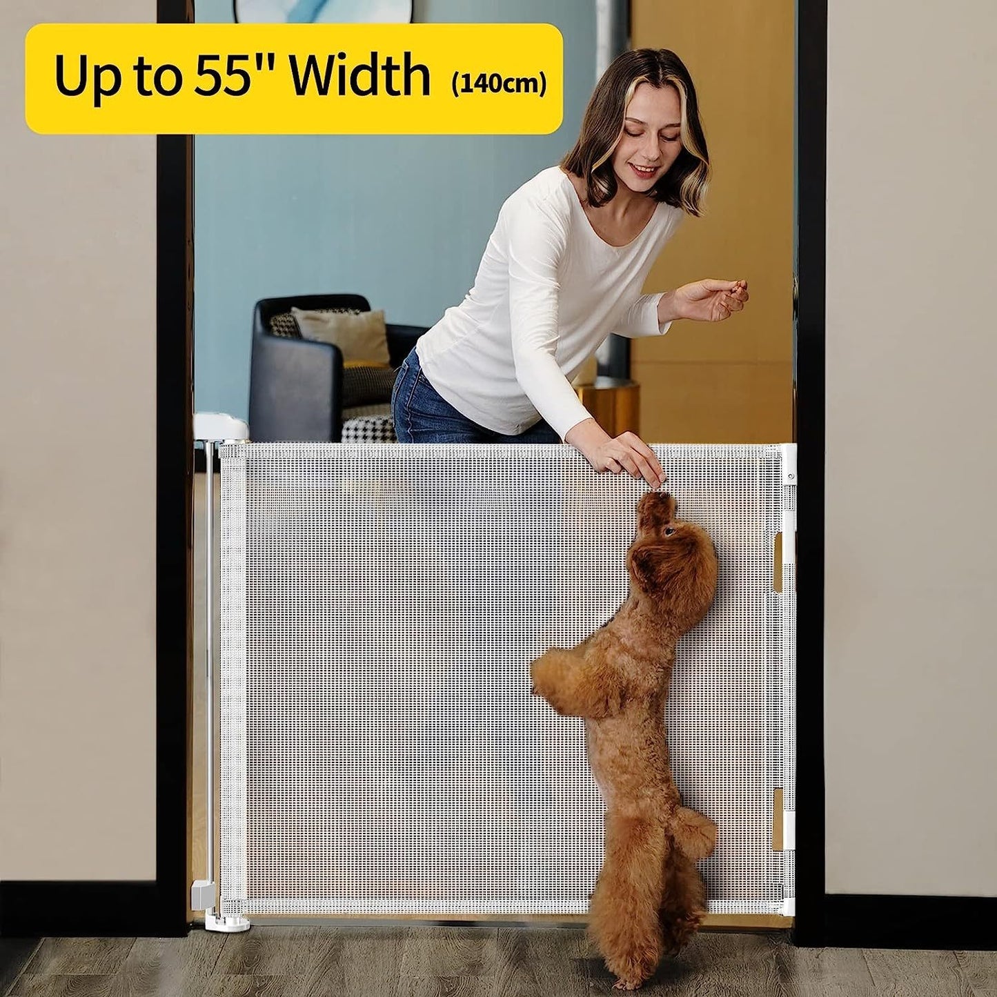 Retractable Baby Gate, Mesh Baby Gate Or Mesh Dog Gate, 33" Tall, Extends Up To 55" Wide - Child Safety Gate For Doorways, Stairs, Hallways, Indoor/Outdoor - For Parents & Pet Owners -  Provides Secure Containment - Ideal Gif