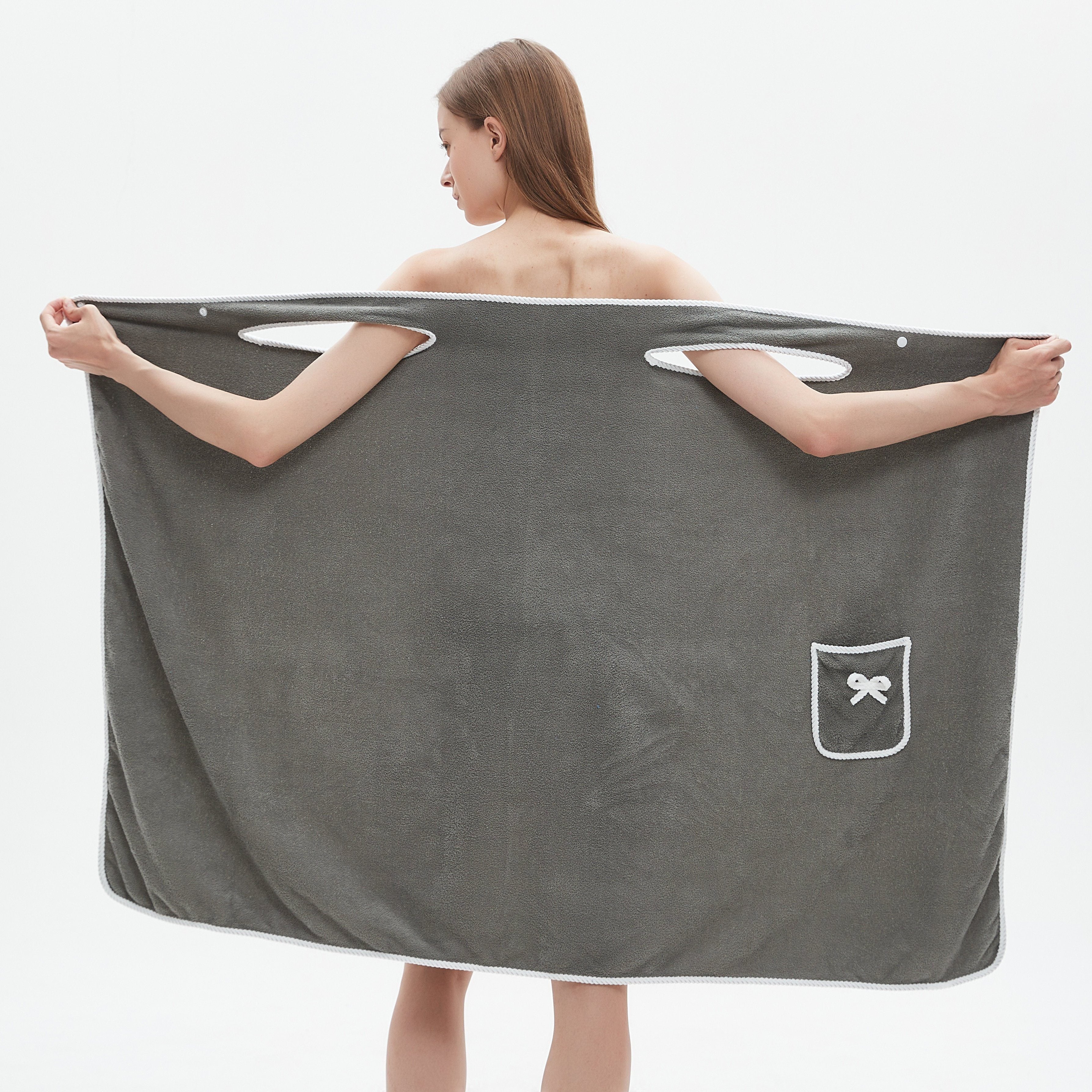 1pc Ultra-Soft Coral Velvet Bath Towel Skirt with Bowknot Design - Quick Dry, No Hair Loss, One Size Fits Most (5'2"-5'74", 132lbs-176lbs), Grey with White Pockets & Ties