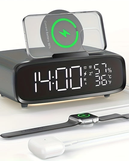 6-in-1 Alarm Clock With Wireless Charging, USB Charging Port, Night Light Wireless Speaker, 3-level Brightness Digital Clock Temperature, 12/24 Hours, Bedroom Snooze Alarm Clock