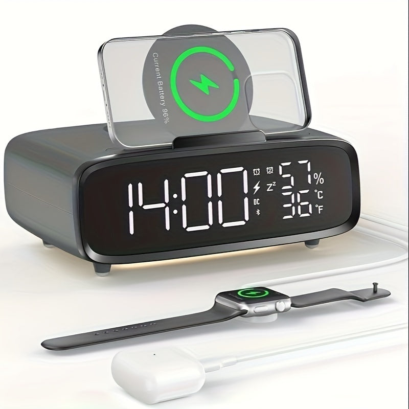 6-in-1 Alarm Clock With Wireless Charging, USB Charging Port, Night Light Wireless Speaker, 3-level Brightness Digital Clock Temperature, 12/24 Hours, Bedroom Snooze Alarm Clock