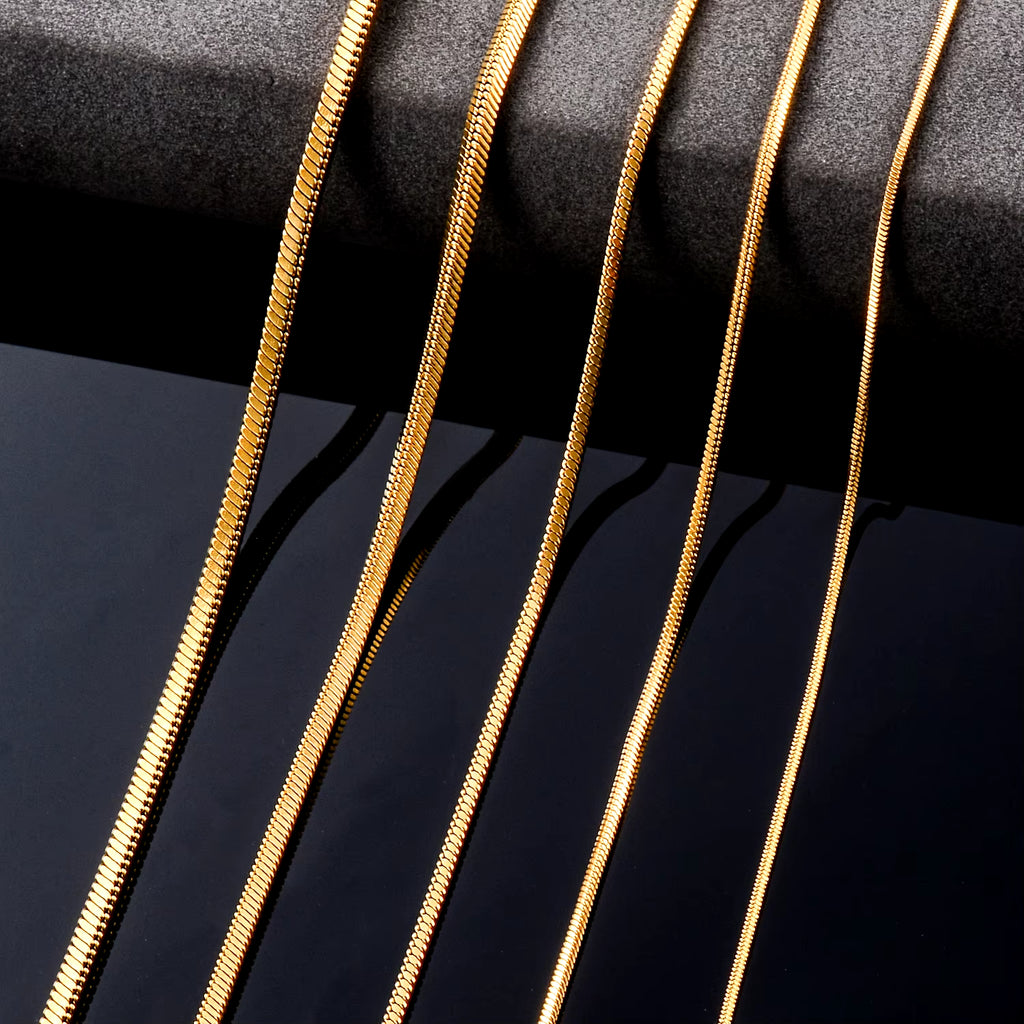 Witd Stainless Steel Square Snake Chain Necklace in Gold - Available in 0.9mm, 1.2mm, 1.5mm, 2mm, and 2.4mm for Men's and Women's Fashion Jewelry