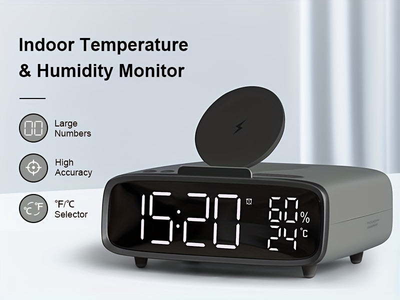 6-in-1 Alarm Clock With Wireless Charging, USB Charging Port, Night Light Wireless Speaker, 3-level Brightness Digital Clock Temperature, 12/24 Hours, Bedroom Snooze Alarm Clock
