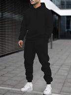 Men's 2pcs White Hoodie & Jogger Set - Casual Solid Color, Knit Polyester, with Pockets | Perfect for Fall/Winter Sports & Leisure