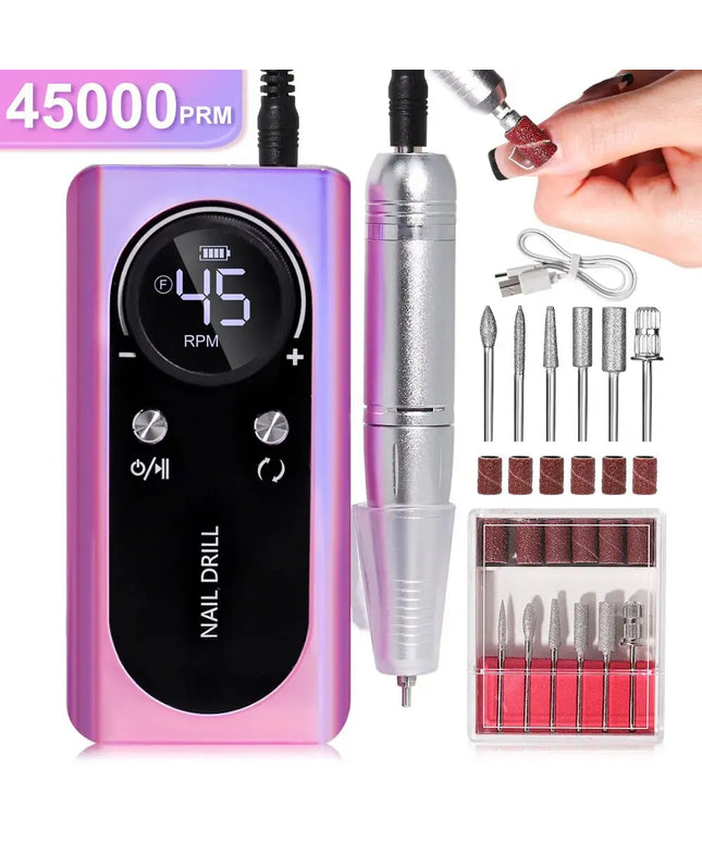 Professional 45000RPM Electric Portable Nail Drill Machine Rechargeable Low Noise Nail Sander File for Manicure Salon Tool