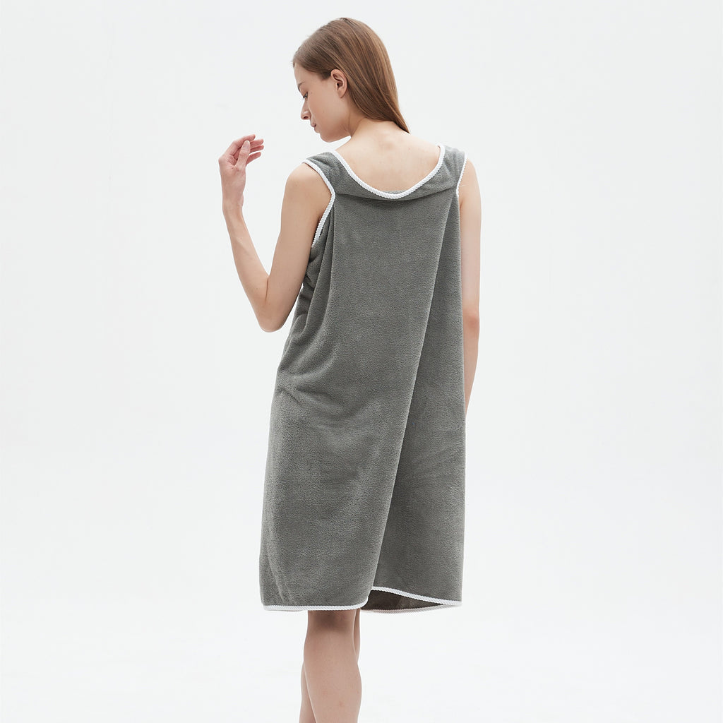 1pc Ultra-Soft Coral Velvet Bath Towel Skirt with Bowknot Design - Quick Dry, No Hair Loss, One Size Fits Most (5'2"-5'74", 132lbs-176lbs), Grey with White Pockets & Ties