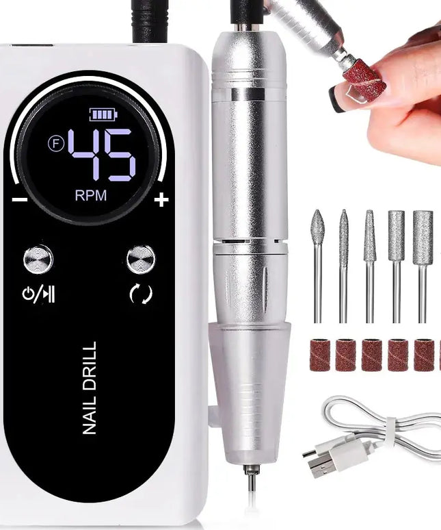 Professional 45000RPM Electric Portable Nail Drill Machine Rechargeable Low Noise Nail Sander File for Manicure Salon Tool