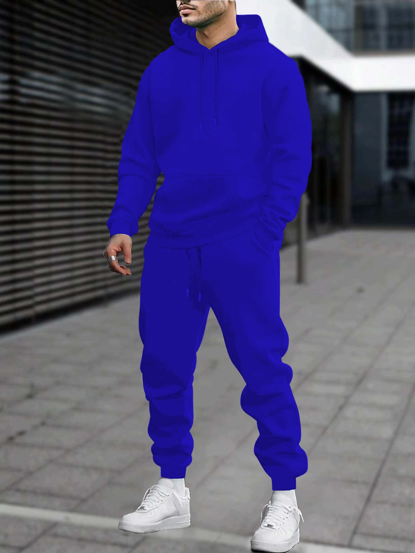 Men's 2pcs White Hoodie & Jogger Set - Casual Solid Color, Knit Polyester, with Pockets | Perfect for Fall/Winter Sports & Leisure