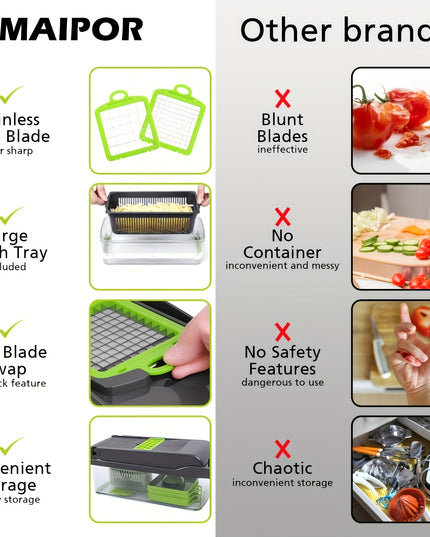 13-in-1 Multifunctional Vegetable Chopper and Slicer with 8 Stainless Steel Blades, Detachable Plastic Body, Includes Storage Container - Ideal for Onions, Carrots, Garlic - Gray, valentines gifts for men