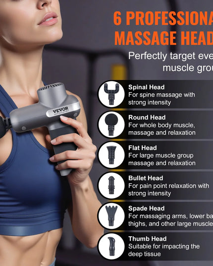 VEVOR Massage Gun Deep Tissue, Percussion Muscle Massager for Athletes - with 5 Speed Levels & 6 Massage Heads, 7.4V 2500Mah Batteries, Handheld Electric Massage Gun for Pain Relief, Muscle Relaxation