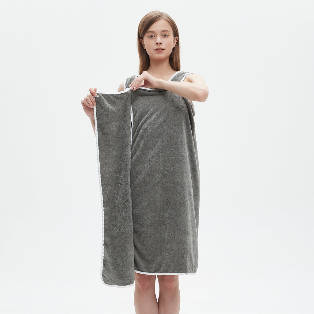 1pc Ultra-Soft Coral Velvet Bath Towel Skirt with Bowknot Design - Quick Dry, No Hair Loss, One Size Fits Most (5'2"-5'74", 132lbs-176lbs), Grey with White Pockets & Ties