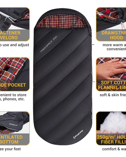 XL Camping Sleeping Bags 3 Seasons Oversized Lightweight Cotton Flannel Sleeping Bag Black