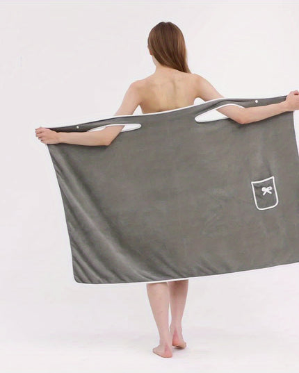1pc Ultra-Soft Coral Velvet Bath Towel Skirt with Bowknot Design - Quick Dry, No Hair Loss, One Size Fits Most (5'2"-5'74", 132lbs-176lbs), Grey with White Pockets & Ties