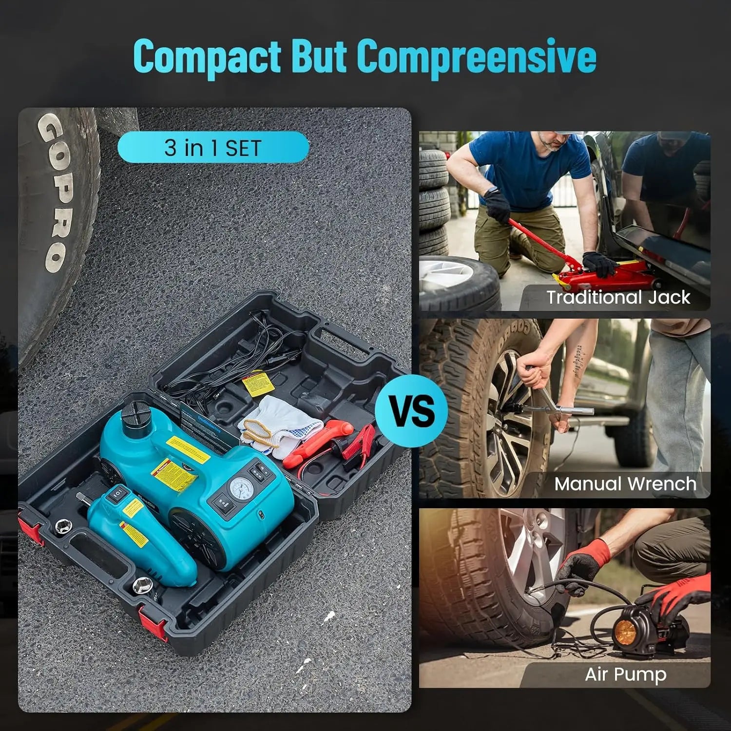 Electric Car Jack Kit 5 Ton 17.7 Inch Lift Range 3in1 car jack Hydraulic with Impact Wrench and Tire Inflator Floor Jack for SUV