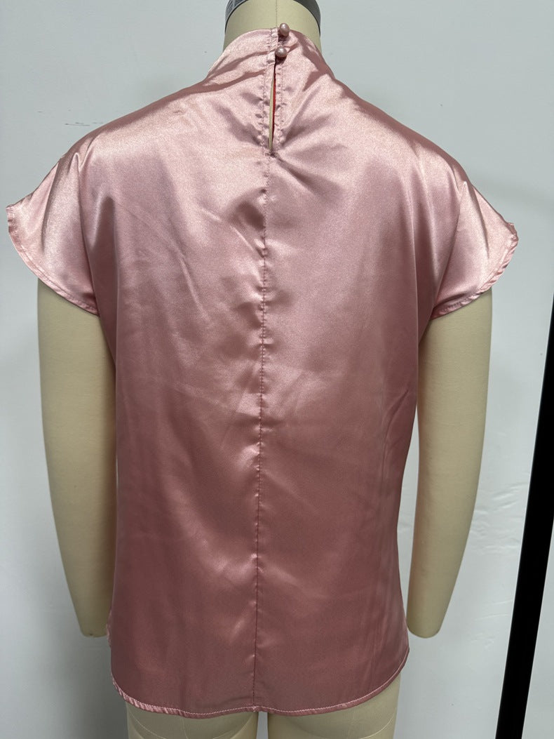 2026 Cross-Border Hot-Selling New Product Round Neck Short-Sleeve Left Shoulder Ruched T-Shirt Satin Women's Top Wholesale in Stock