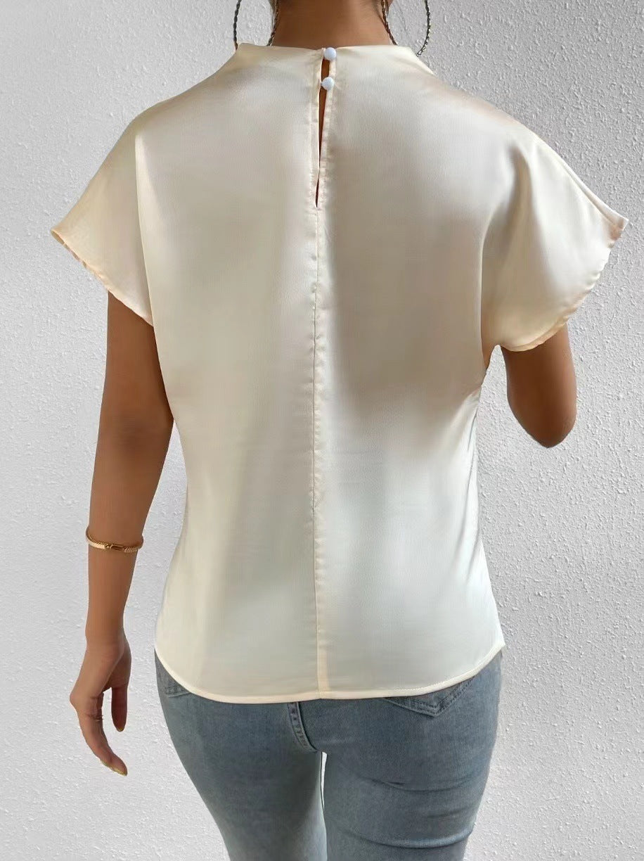 2026 Cross-Border Hot-Selling New Product Round Neck Short-Sleeve Left Shoulder Ruched T-Shirt Satin Women's Top Wholesale in Stock