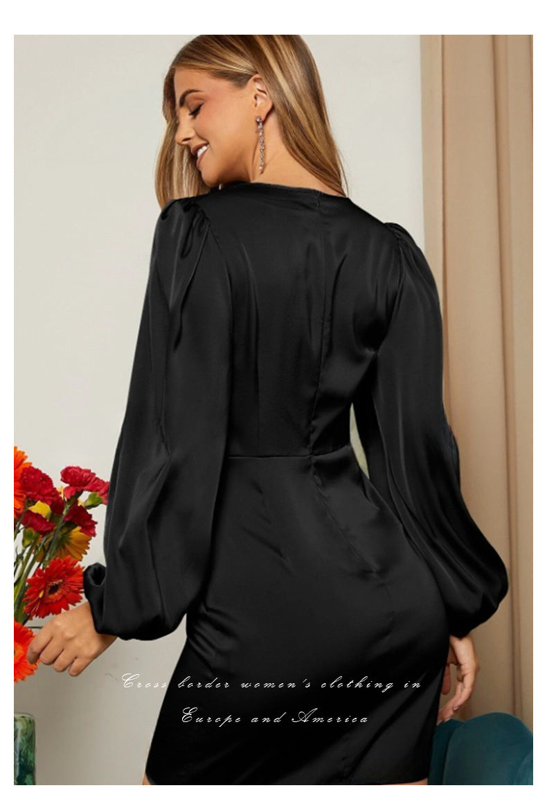 Cross V Neck Dress Satin Long-Sleeved Dress Amazon Cross-Border Lady Style Slim Fit Women's Clothing