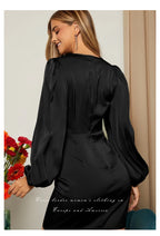 Cross V Neck Dress Satin Long-Sleeved Dress Amazon Cross-Border Lady Style Slim Fit Women's Clothing