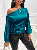 Amazon Cross-Border European and American New Women's Satin Shirt Spring and Summer Asymmetrical Long-Sleeved Slope Collar Shirt Top