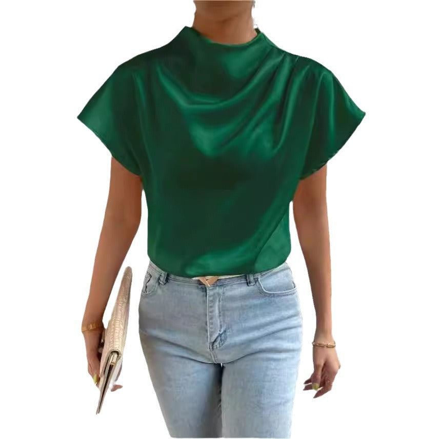 2026 Cross-Border Hot-Selling New Product Round Neck Short-Sleeve Left Shoulder Ruched T-Shirt Satin Women's Top Wholesale in Stock