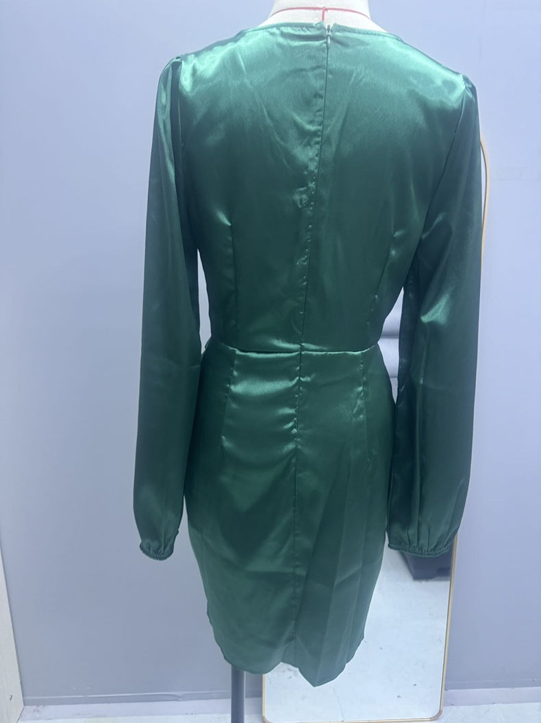 Cross V Neck Dress Satin Long-Sleeved Dress Amazon Cross-Border Lady Style Slim Fit Women's Clothing