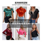 Cross V Neck Dress Satin Long-Sleeved Dress Amazon Cross-Border Lady Style Slim Fit Women's Clothing