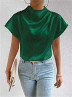 2026 Cross-Border Hot-Selling New Product Round Neck Short-Sleeve Left Shoulder Ruched T-Shirt Satin Women's Top Wholesale in Stock