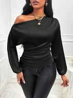 Amazon Cross-Border European and American New Women's Satin Shirt Spring and Summer Asymmetrical Long-Sleeved Slope Collar Shirt Top