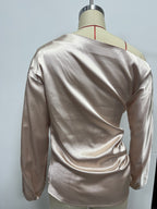 Amazon Cross-Border European and American New Women's Satin Shirt Spring and Summer Asymmetrical Long-Sleeved Slope Collar Shirt Top