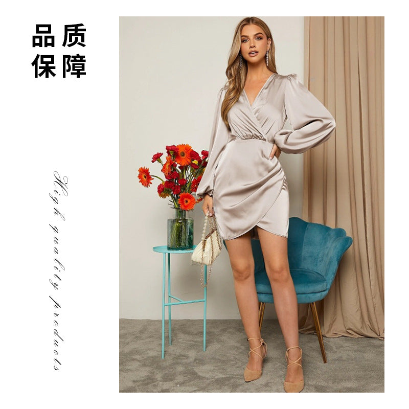 Cross V Neck Dress Satin Long-Sleeved Dress Amazon Cross-Border Lady Style Slim Fit Women's Clothing
