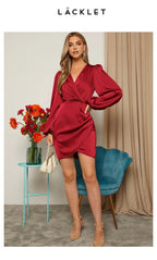 Cross V Neck Dress Satin Long-Sleeved Dress Amazon Cross-Border Lady Style Slim Fit Women's Clothing